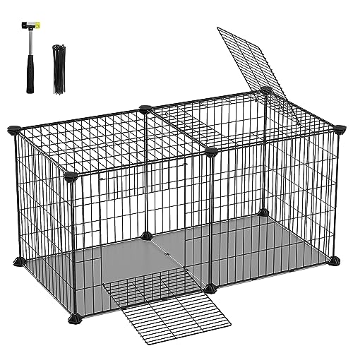 SONGMICS Small Animal Playpen, Pet Cage with Top and Base, 2 Doors, Easy to Clean, Metal Wire Guinea Pig Pen for Hamsters, Hedgehogs, L, 32.5 x 16 x 16 Inches, Black ULPI009B01