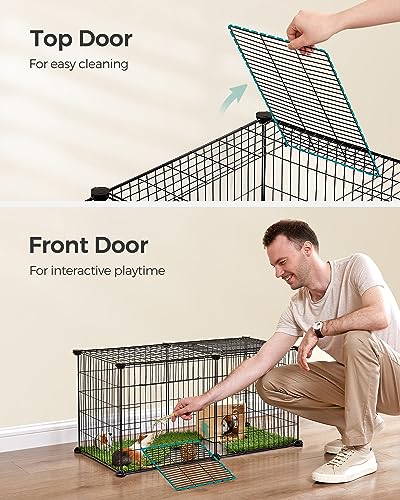 SONGMICS Small Animal Playpen, Pet Cage with Top and Base, 2 Doors, Easy to Clean, Metal Wire Guinea Pig Pen for Hamsters, Hedgehogs, L, 32.5 x 16 x 16 Inches, Black ULPI009B01