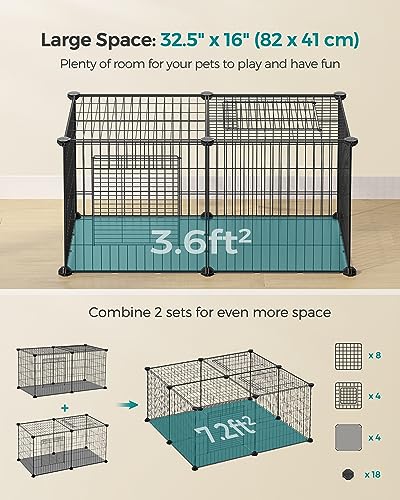 SONGMICS Small Animal Playpen, Pet Cage with Top and Base, 2 Doors, Easy to Clean, Metal Wire Guinea Pig Pen for Hamsters, Hedgehogs, L, 32.5 x 16 x 16 Inches, Black ULPI009B01