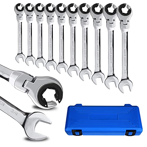 LOSCHEN】SAE Flex-Head Ratcheting Wrench Combination Wrench Set 10 Pcs/Set with 72 Teeth, Chrome Vanadium Steel Tubing Ratchet Spanner（US and European Patents）