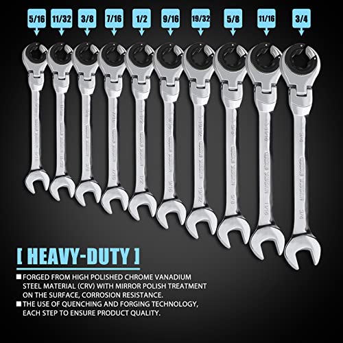 LOSCHEN】SAE Flex-Head Ratcheting Wrench Combination Wrench Set 10 Pcs/Set with 72 Teeth, Chrome Vanadium Steel Tubing Ratchet Spanner（US and European Patents）