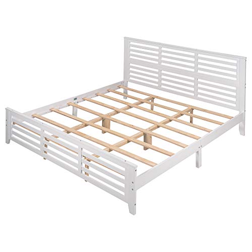 LCH King Platform Bed Frame with Headboard and Footboard, Solid Wood Bed Frame for Adults/Wood Slat Support/No Box Spring, Modern Bed Frame with Horizontal Strip Hollow Shape, King Size, White