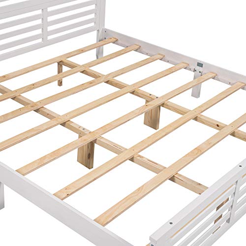 LCH King Platform Bed Frame with Headboard and Footboard, Solid Wood Bed Frame for Adults/Wood Slat Support/No Box Spring, Modern Bed Frame with Horizontal Strip Hollow Shape, King Size, White