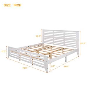 LCH King Platform Bed Frame with Headboard and Footboard, Solid Wood Bed Frame for Adults/Wood Slat Support/No Box Spring, Modern Bed Frame with Horizontal Strip Hollow Shape, King Size, White