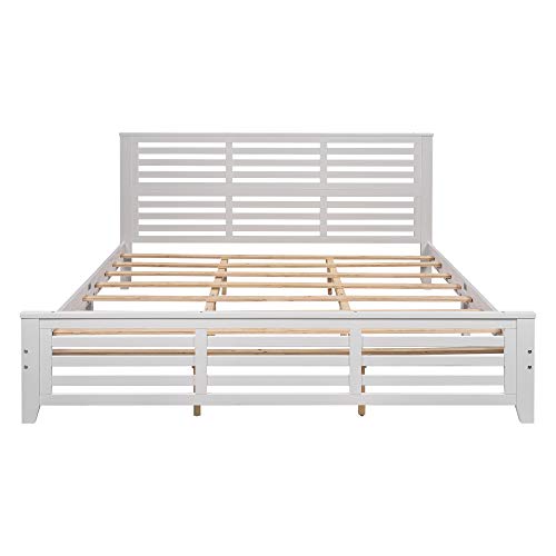 LCH King Platform Bed Frame with Headboard and Footboard, Solid Wood Bed Frame for Adults/Wood Slat Support/No Box Spring, Modern Bed Frame with Horizontal Strip Hollow Shape, King Size, White