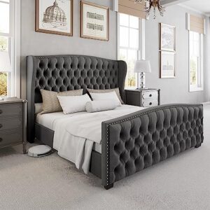 luxoak queen platform bed frame with wingback headboard, velvet upholstered bed frame with handmade button tufted & nailhead, wooden slats support, grey