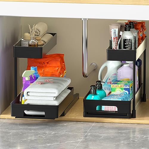 JOCHER 2 Pack Under Sink Organizers and Storage,Sliding L-Shape Bathroom Organizers Under Sink,Under Cabinet Organizer,Multi-purpose Under The Sink Organizer and Storage Shelf for Bathroom Kitchen