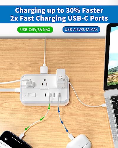 Flat Extension Cord 25 ft, NTONPOWER 2-Side Outlet Extender Surge Protector Power Strip with 6 Outlets 4 USB Ports, Mounted, Overload Protection for Indoor, Home, Office, Dorm Room Essentials