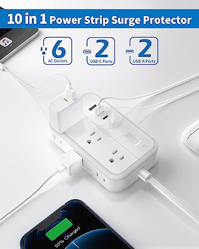 Flat Extension Cord 25 ft, NTONPOWER 2-Side Outlet Extender Surge Protector Power Strip with 6 Outlets 4 USB Ports, Mounted, Overload Protection for Indoor, Home, Office, Dorm Room Essentials