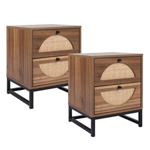 hoyoc rattan nightstands set of 2, side table with hand made rattan decorated drawers accent bedside tables 2 solid wood drawers storage end table for living room, bedroom, apartment