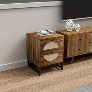 HOYOC Rattan Nightstands Set of 2, Side Table with Hand Made Rattan Decorated Drawers Accent Bedside Tables 2 Solid Wood Drawers Storage End Table for Living Room, Bedroom, Apartment