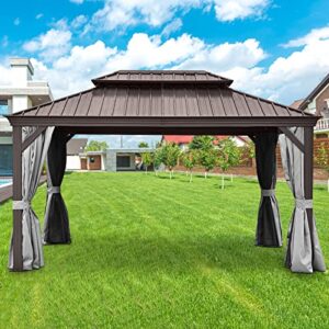 outmotd double hardroof gazebo with netting and shaded curtains, outdoor gazebo 2-tier hardtop galvanized iron aluminum frame for patio, backyard, deck and lawns, parties (10x14)