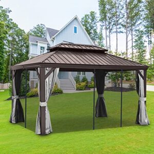 OUTMOTD Double Hardroof Gazebo with Netting and Shaded Curtains, Outdoor Gazebo 2-Tier Hardtop Galvanized Iron Aluminum Frame for Patio, Backyard, Deck and Lawns, Parties (10x14)