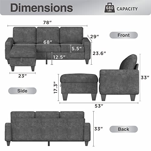 Sunrise Coast Sectional L Shaped Ottoman Modular Convertible 3 Seat Sofas for Living Room Small Apartment, Couches with Storage Space, Snowflake
