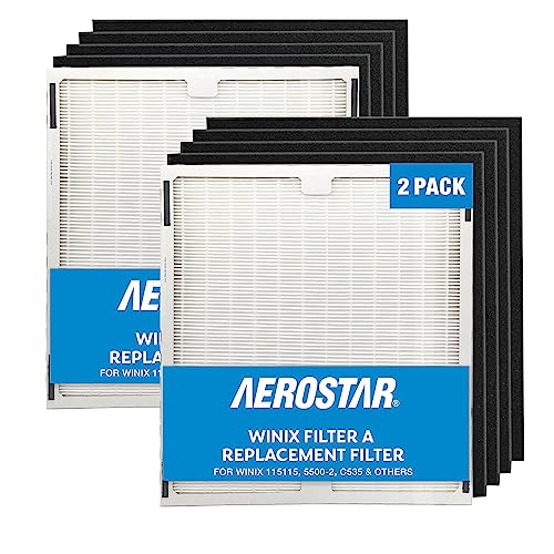 Aerostar HEPA Replacement Air Purifier Filter for Winix Filter A, 115115, 5500-2, C535 & Others (2 HEPA + 8 Carbon Prefilters)