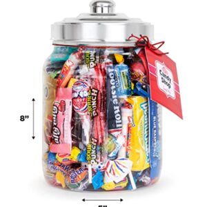 Candy Jar Filled With Your Favorite Party Mix, Blow Pops, Cherry Heads, Gold Bears, Laffy Taffy, Sour Punch, & More - 1.75 Pounds Gift Ready Clear Plastic Jar with Silver Lid