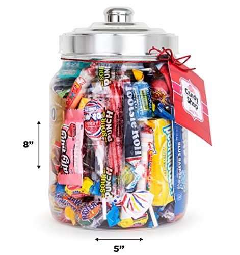 Candy Jar Filled With Your Favorite Party Mix, Blow Pops, Cherry Heads, Gold Bears, Laffy Taffy, Sour Punch, & More - 1.75 Pounds Gift Ready Clear Plastic Jar with Silver Lid