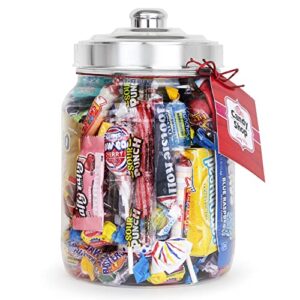 candy jar filled with your favorite party mix, blow pops, cherry heads, gold bears, laffy taffy, sour punch, & more - 1.75 pounds gift ready clear plastic jar with silver lid