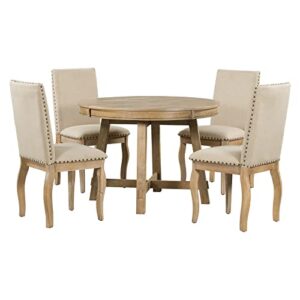 mojay 5-piece dining table set with wood round oval dining room extension table and 4 upholstered chairs, natural wood wash finish, perfect for dining room