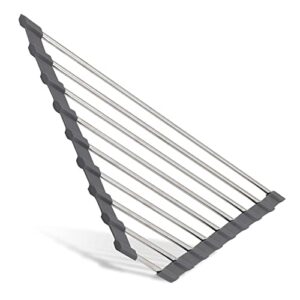 roll-up corner sink drying rack. kitchen bench space saver! quality design and practical stainless steel and silicon over the sink drying rack.