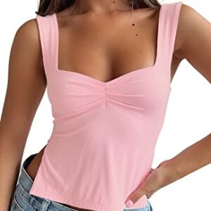 ForeFair Women Sexy Sleeveless Backless Crop Tank Top Pleated Bustier Sweetheart Neck Strappy Y2K Slits(Pink,XS)