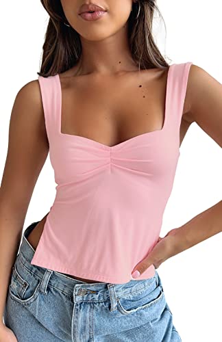 ForeFair Women Sexy Sleeveless Backless Crop Tank Top Pleated Bustier Sweetheart Neck Strappy Y2K Slits(Pink,XS)