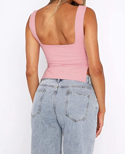 ForeFair Women Sexy Sleeveless Backless Crop Tank Top Pleated Bustier Sweetheart Neck Strappy Y2K Slits(Pink,XS)