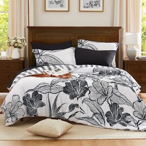 wrensonge queen comforter set, 7 pieces black and white floral comforter set with sheets for queen size bed, flower pattern queen bedding set, soft lightweight breathable bed in a bag for all seasons