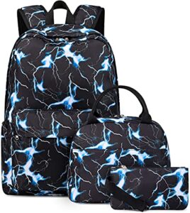 bluboon school backpack for boys teens bookbag travel daypack kids girls lunch bag pencil case (lightning blue-3pcs)
