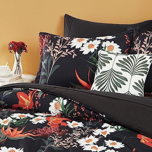 CASAAGUSTO Queen Comforter Set, 8 PCS Black Shore Floral Comforter Set with Flowers Leaves Pattern, Soft Seersucker Design All Season Microfiber Queen Size Bedding Set with Decor Pillow (90"X90")