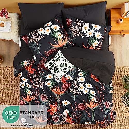 CASAAGUSTO Queen Comforter Set, 8 PCS Black Shore Floral Comforter Set with Flowers Leaves Pattern, Soft Seersucker Design All Season Microfiber Queen Size Bedding Set with Decor Pillow (90"X90")