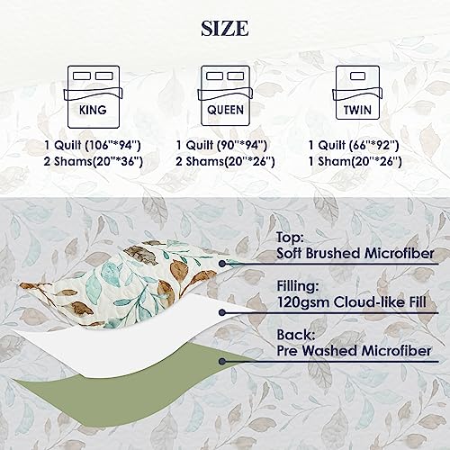 WRENSONGE Quilts Queen Size, 3 Pieces Green Leaf Summer Reversible Quilt Bedding Sets, Soft Lightweight Microfiber Floral Pattern Printed Bedspread Coverlet for Bed, Couch, Blanket All Season 90"*94"