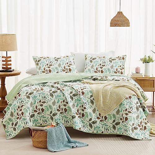 WRENSONGE Quilts Queen Size, 3 Pieces Green Leaf Summer Reversible Quilt Bedding Sets, Soft Lightweight Microfiber Floral Pattern Printed Bedspread Coverlet for Bed, Couch, Blanket All Season 90"*94"