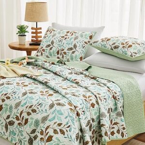 WRENSONGE Quilts Queen Size, 3 Pieces Green Leaf Summer Reversible Quilt Bedding Sets, Soft Lightweight Microfiber Floral Pattern Printed Bedspread Coverlet for Bed, Couch, Blanket All Season 90"*94"