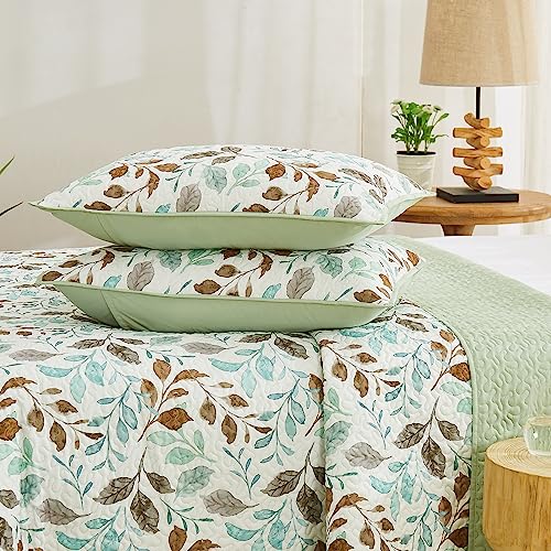 WRENSONGE Quilts Queen Size, 3 Pieces Green Leaf Summer Reversible Quilt Bedding Sets, Soft Lightweight Microfiber Floral Pattern Printed Bedspread Coverlet for Bed, Couch, Blanket All Season 90"*94"