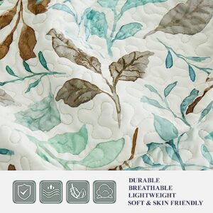 WRENSONGE Quilts Queen Size, 3 Pieces Green Leaf Summer Reversible Quilt Bedding Sets, Soft Lightweight Microfiber Floral Pattern Printed Bedspread Coverlet for Bed, Couch, Blanket All Season 90"*94"