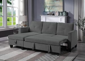 ritsu reversible velvet sleeper sectional sofa with storage chaise and side pocket, l-shape corner couch with arms for living room, home furniture, apartment, dorm, dark gray 3