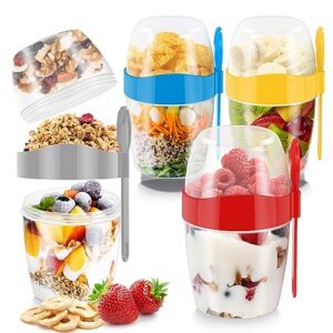 eurobird 4 pack breakfast on the go cups, cereal yogurt parfait cups with lids and spoon, 29 oz reusable airtight containers cups for overnight oats oatmeal granola fruit snacks and meal prep