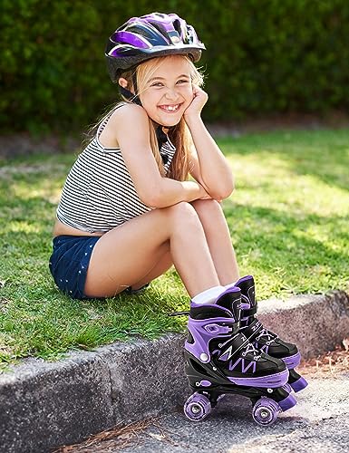 2PM SPORTS Roller Skates for Girls, 4 Size Adjustable Light up Kids Skates, Beginner Roller Skates for Boys Indoor Outdoor - Purple Large