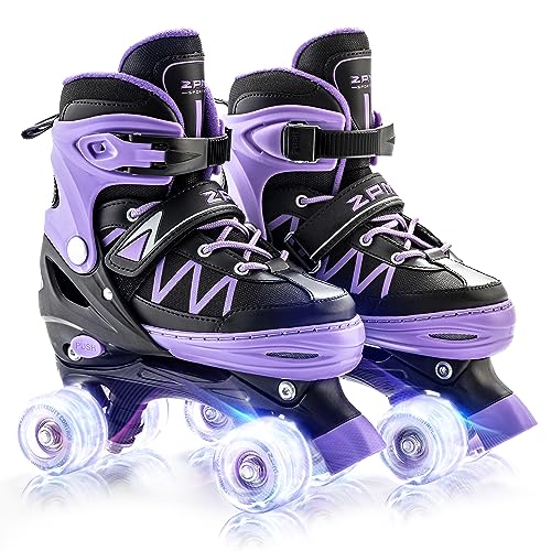 2PM SPORTS Roller Skates for Girls, 4 Size Adjustable Light up Kids Skates, Beginner Roller Skates for Boys Indoor Outdoor - Purple Large