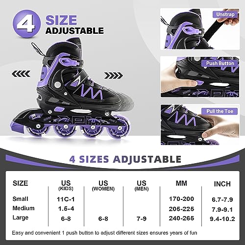 2PM SPORTS Roller Skates for Girls, 4 Size Adjustable Light up Kids Skates, Beginner Roller Skates for Boys Indoor Outdoor - Purple Large