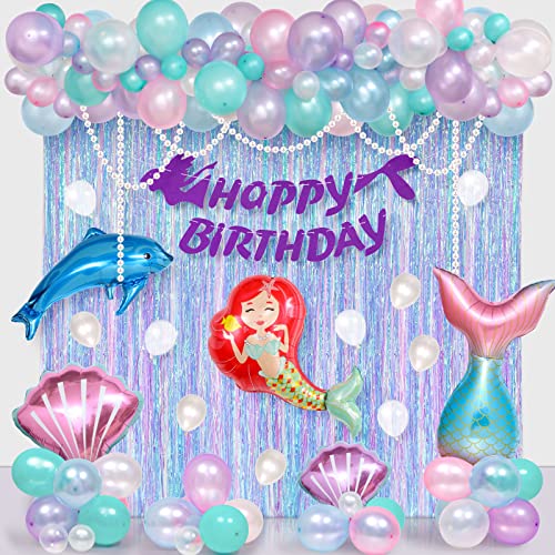 Winrayk 102Pcs Little Mermaid Birthday Decorations Party Supplies Girl Mermaid Balloon Arch Fringe Curtain Pearl String Birthday Banner Dolphin Shell Mermaid Tail Ocean Ariel Mermaid Party Decorations