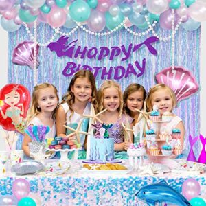 Winrayk 102Pcs Little Mermaid Birthday Decorations Party Supplies Girl Mermaid Balloon Arch Fringe Curtain Pearl String Birthday Banner Dolphin Shell Mermaid Tail Ocean Ariel Mermaid Party Decorations