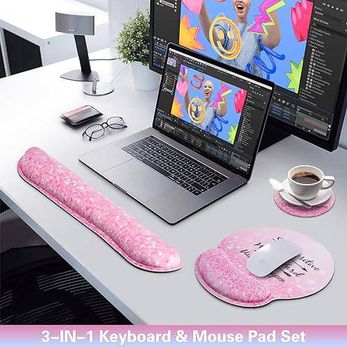 Qomalama 3-in-1 Mouse Pad with Wrist Rest Set,Wrist Support Mouse Pad+Keyboard Gel Wrist Rest+Cup Pad,Ergonomic Mouse Pad,Relieving Wrist Pain,Non-Slip,Computer Mouse Pad
