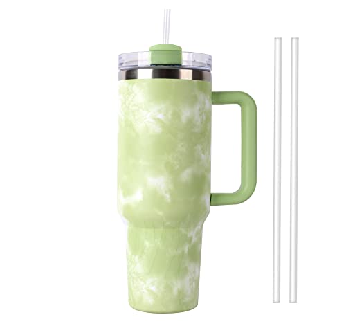 40 oz Tumbler with Handle, 2.0 Reusable Vacuum Tumbler, Insulated Tumbler With Lid and Straws, Insulated Cup, Maintains Cold Heat and Ice for Hours (Tie Dye Green)