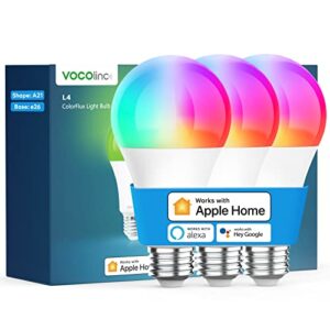 vocolinc smart light bulb, 850 lumens, e26 led smart bulb 60 watt equivalent, a21, 2200k-7000k, color changing light bulb with apple homekit, alexa, google home, 3 pack