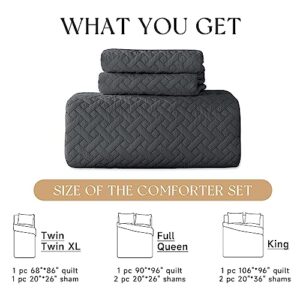 HYLEORY Quilt Set King Size - Soft Lightweight Quilts Summer Quilted Bedspreads - Reversible Coverlet Bedding Set for All Season 3 Piece (1 Quilt, 2 Pillow Shams) - Dark Grey