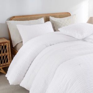 Andency White Twin Size Comforter Set, 2 Pieces Bedding Comforter Sets (1 Seersucker Textured Comforter & 1 Pillowcase), Lightweight Microfiber Down Alternative Bed Set (66x90 inches)