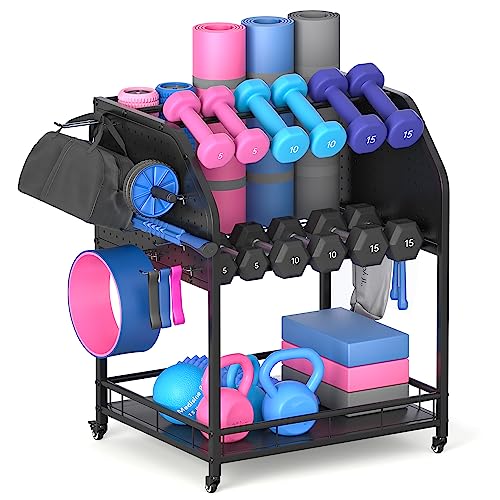 Industree Dumbbell Rack for Home Gym Storage Rack 3 Tier Yoga Mat Kettlebell Dumbbell And Balls Workout Gym Equipment Storage Gym Organization Weight Rack for Dumbbells Home Gym With Wheels And Hooks