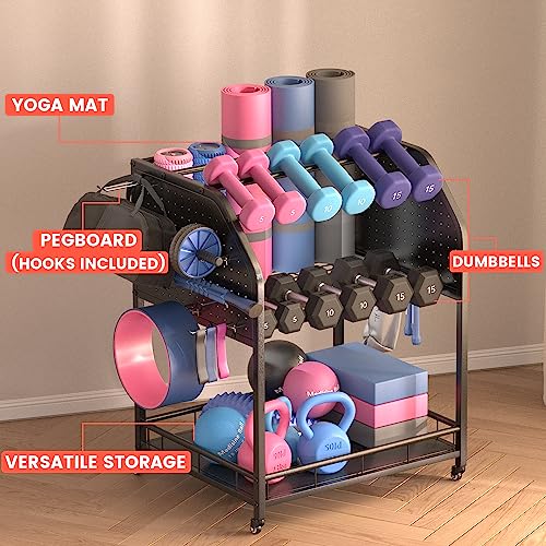 Industree Dumbbell Rack for Home Gym Storage Rack 3 Tier Yoga Mat Kettlebell Dumbbell And Balls Workout Gym Equipment Storage Gym Organization Weight Rack for Dumbbells Home Gym With Wheels And Hooks